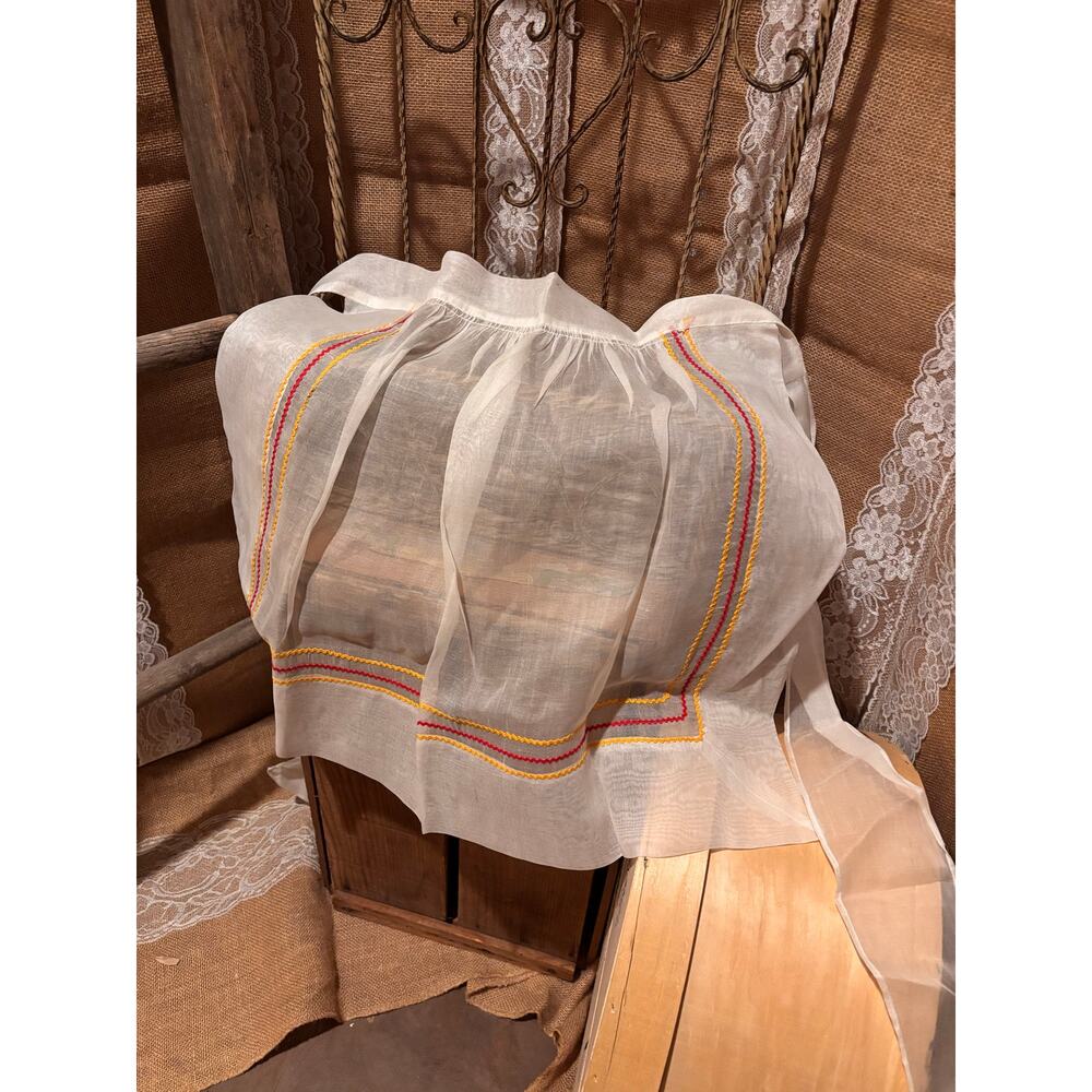Vintage Hostess Half Apron Sheer Mid Century Housewife Bow Ribbon red yellow
